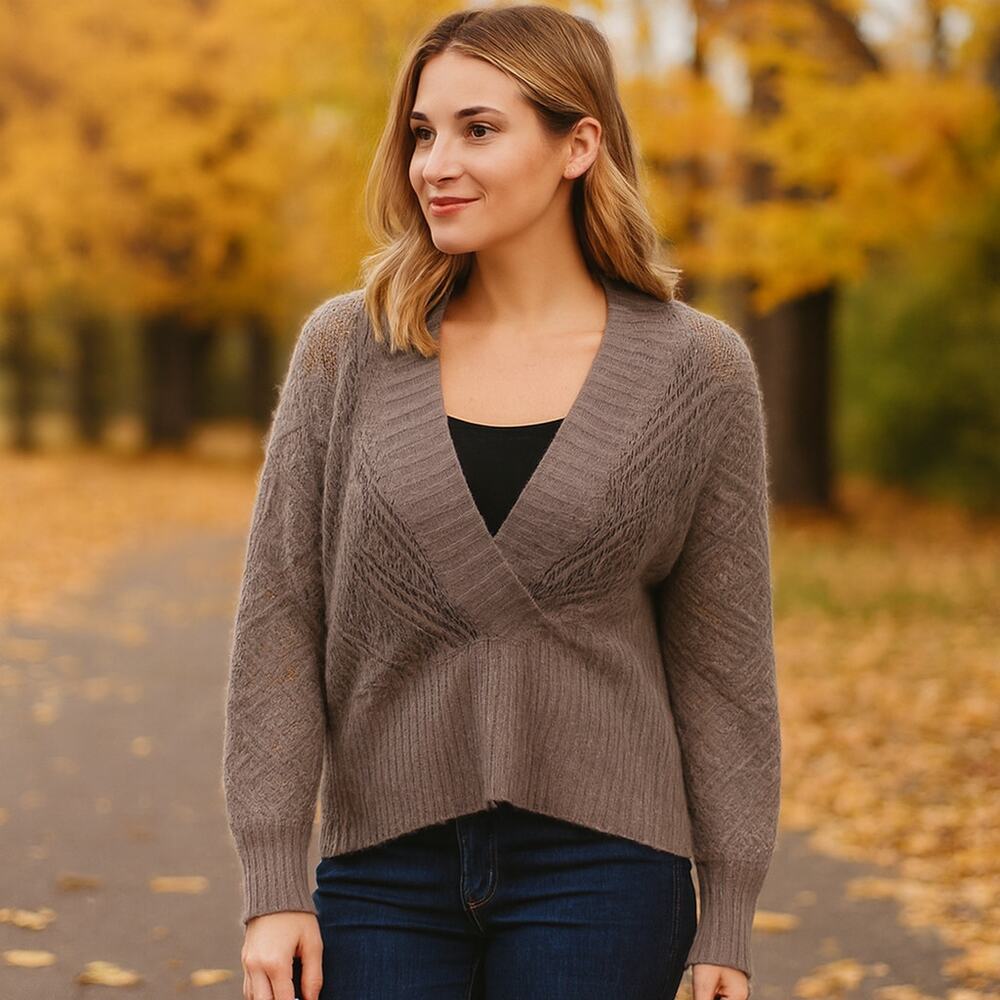 LOFT Mohair Blend Open Knit Faux Wrap Sweater Size Medium Wool and Mohair